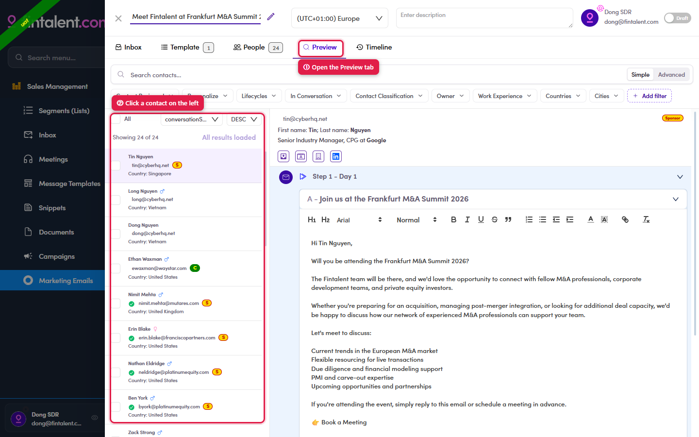 Preview tab: pick a contact