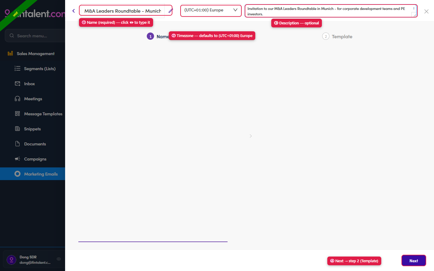 Create Marketing Email form