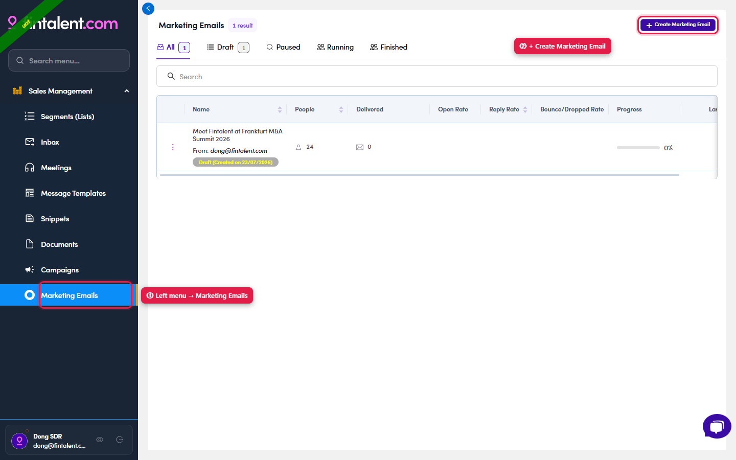 Marketing Emails page with the Create button