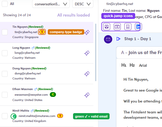 Preview header: badge, valid-email tick, quick-jump icons