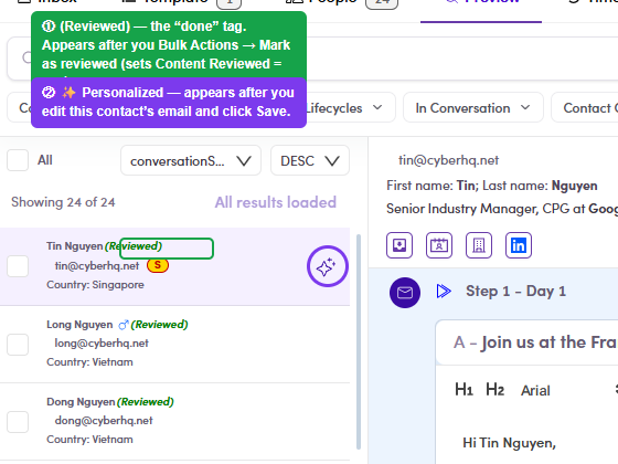 Row indicators: Personalized sparkle and Reviewed tag