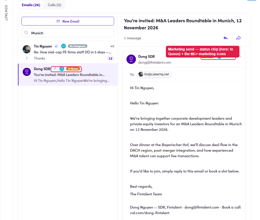 Marketing email in the contact's Conversations with a status chip