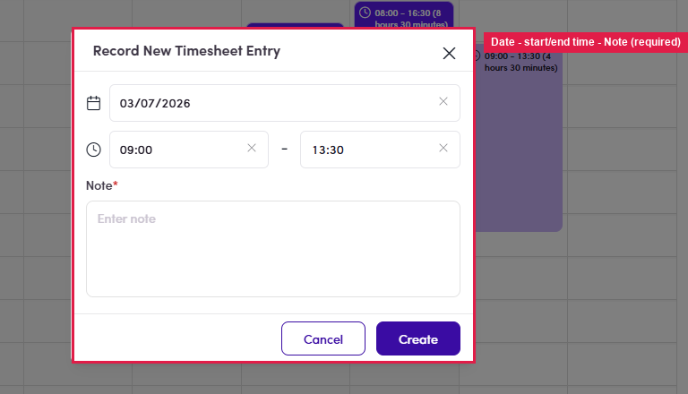 Record New Timesheet Entry dialog