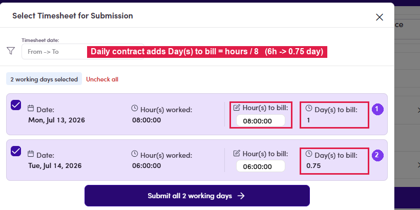 Day(s) to bill column on a Daily contract