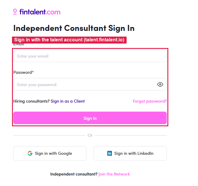 Talent portal sign-in screen