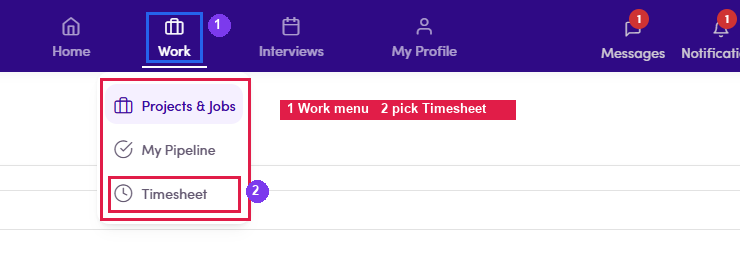 Work menu with Timesheet