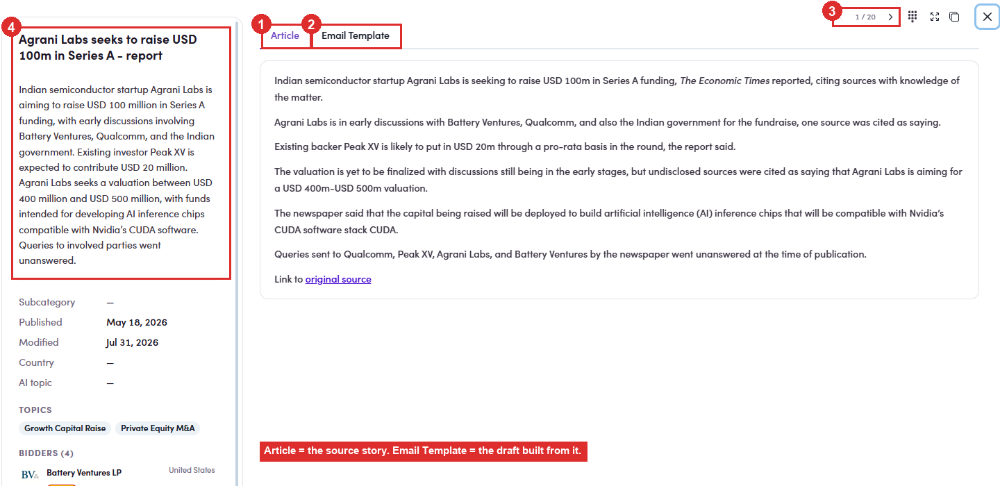 Signal detail with Article and Email Template tabs