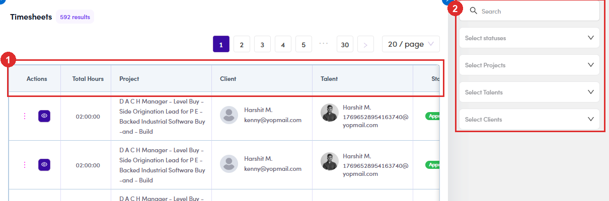 The timesheet submissions list