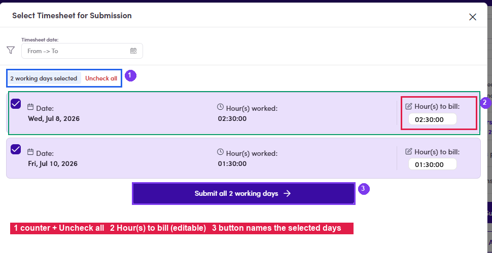 Select Timesheet for Submission dialog