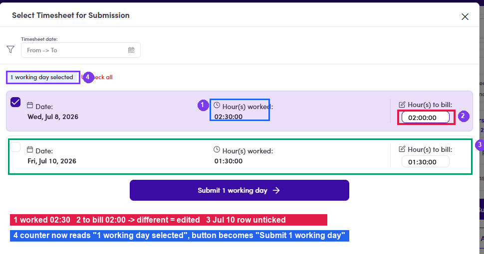 Hours to bill edited and one day unticked