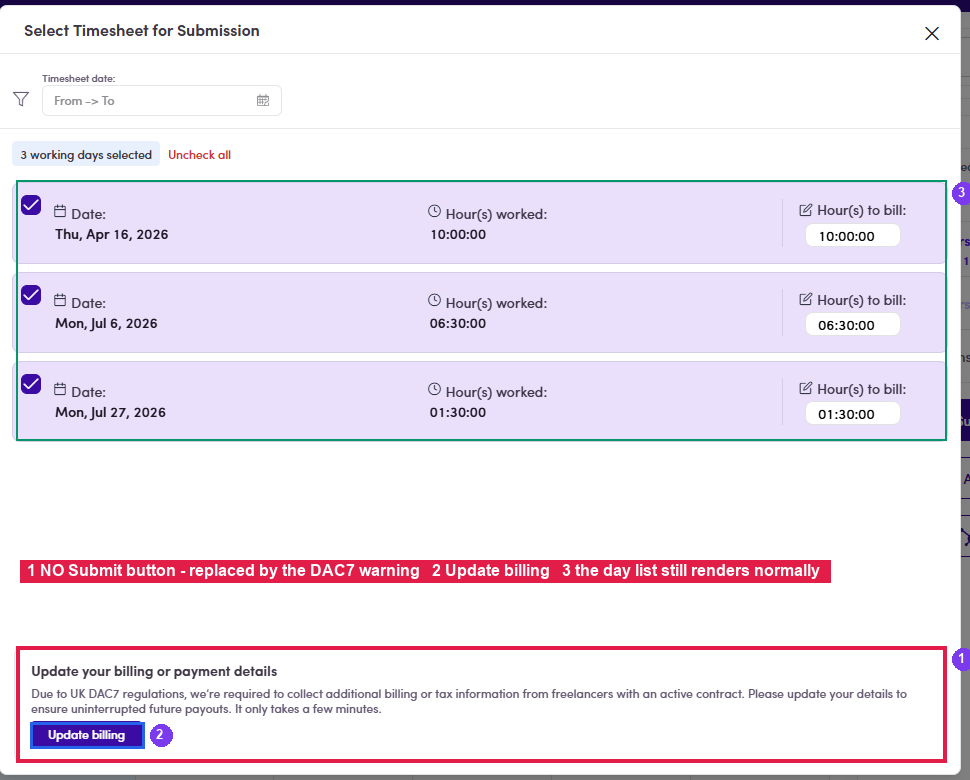 Submit dialog blocked by missing billing details