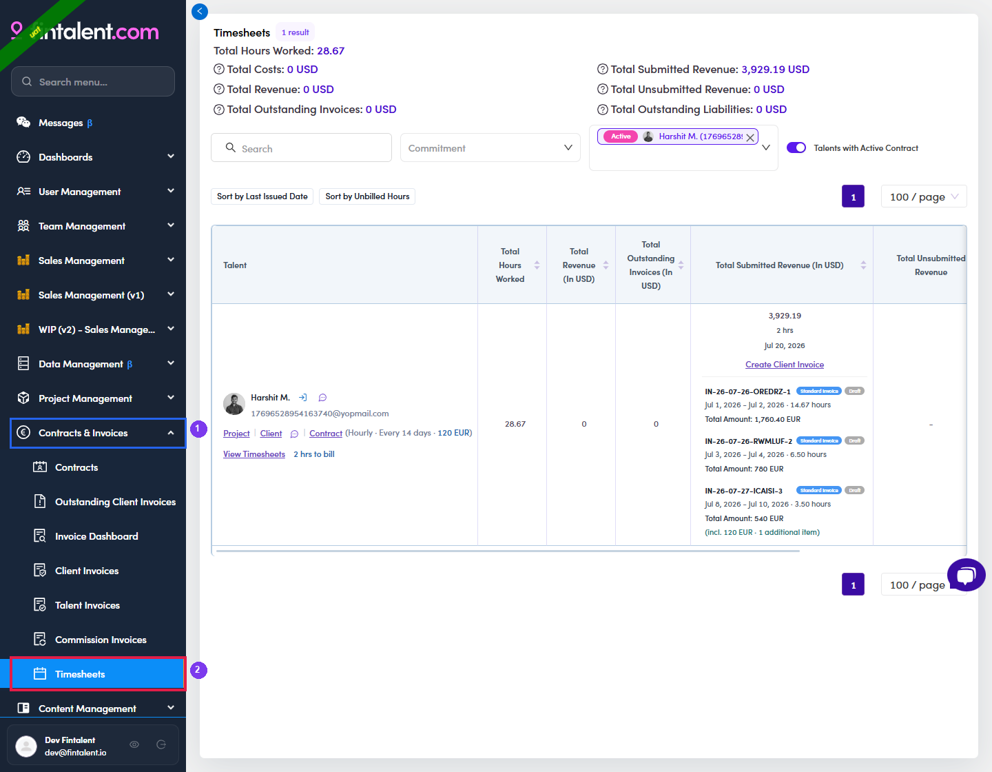 Contracts & Invoices menu with Timesheets