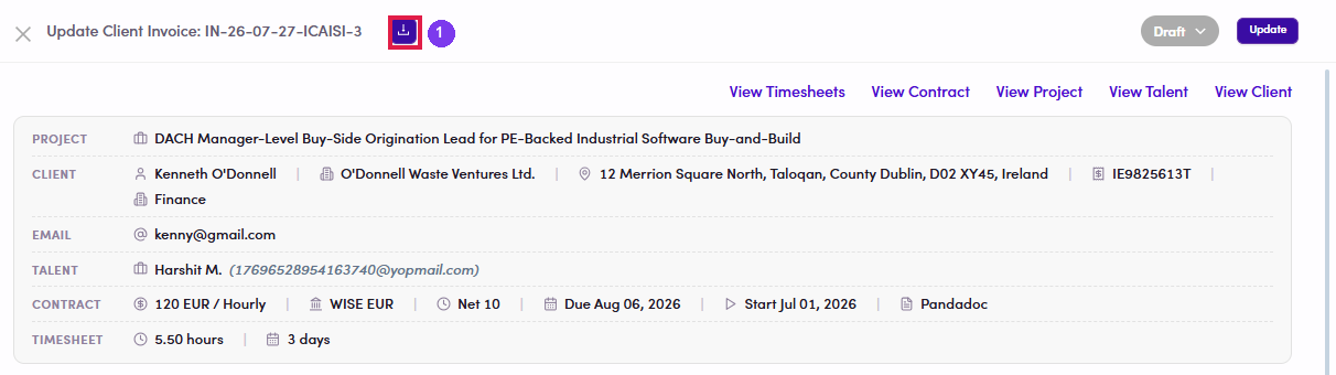 Download PDF button in the invoice detail drawer