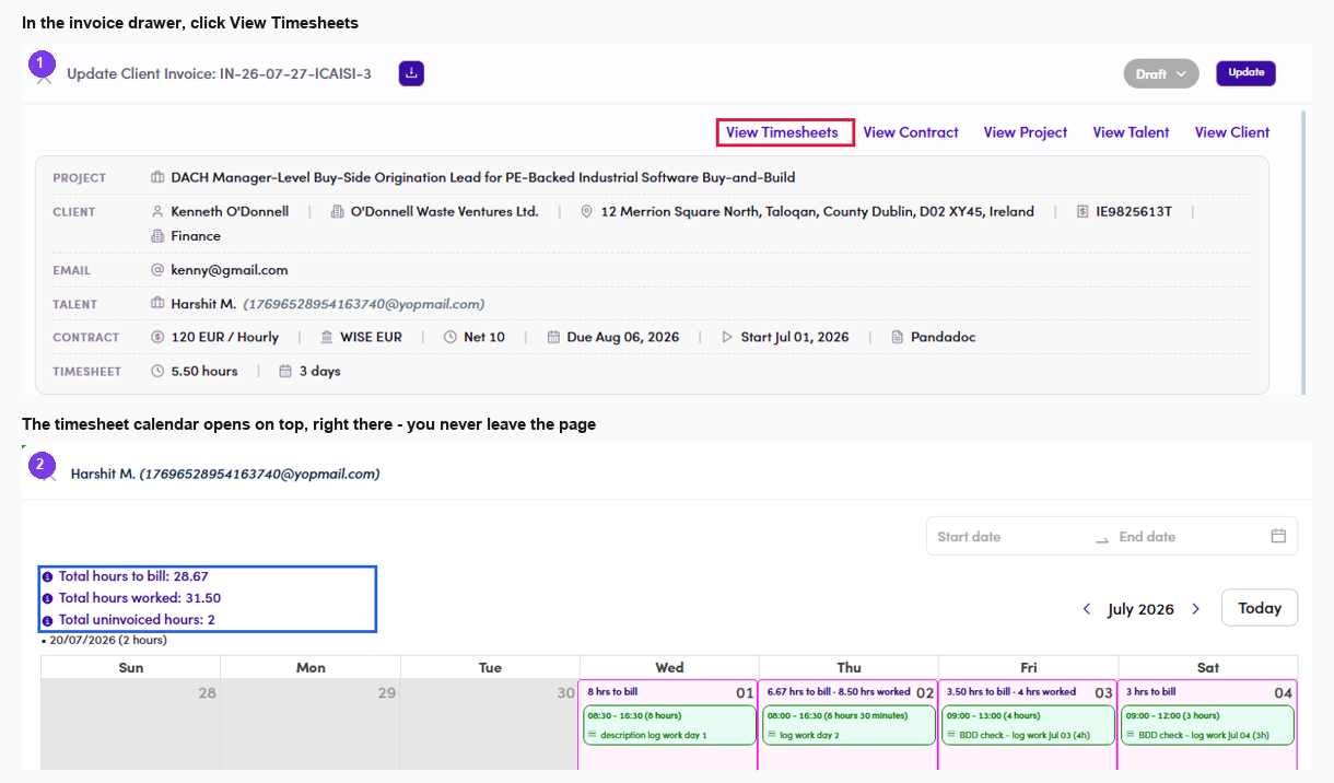 Opening the timesheet calendar from the invoice drawer