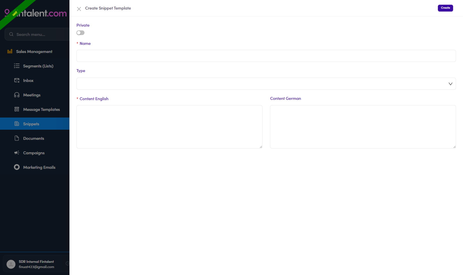 Snippet create form