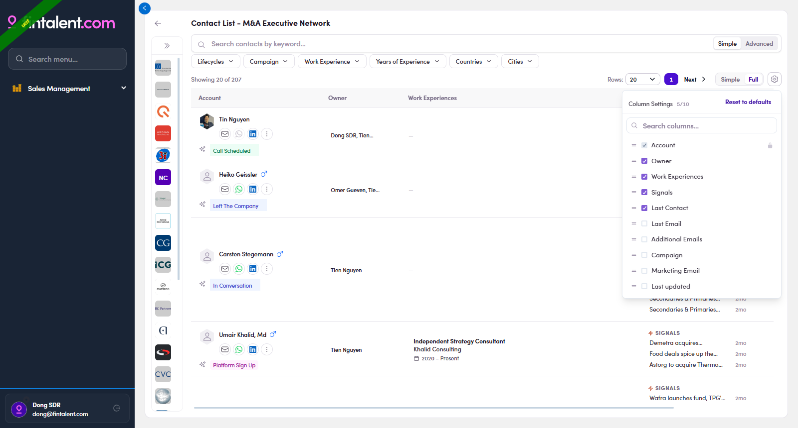 Column Settings picker